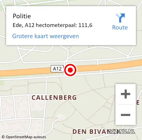 Locatie op kaart van de 112 melding: Politie Ede, A12 hectometerpaal: 111,6 op 19 juli 2022 21:48