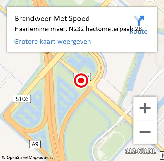 Locatie op kaart van de 112 melding: Brandweer Met Spoed Naar Haarlemmermeer, N232 hectometerpaal: 28 op 19 juli 2022 22:51