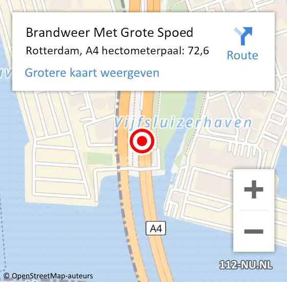 Locatie op kaart van de 112 melding: Brandweer Met Grote Spoed Naar Rotterdam, A4 hectometerpaal: 72,6 op 19 juli 2022 23:58