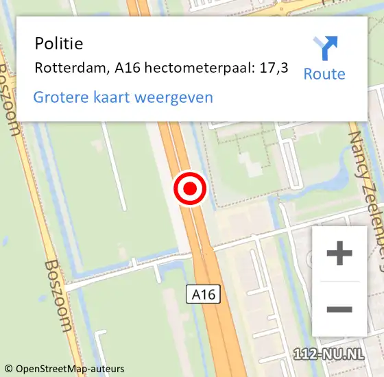 Locatie op kaart van de 112 melding: Politie Rotterdam, A16 hectometerpaal: 17,3 op 20 juli 2022 01:55