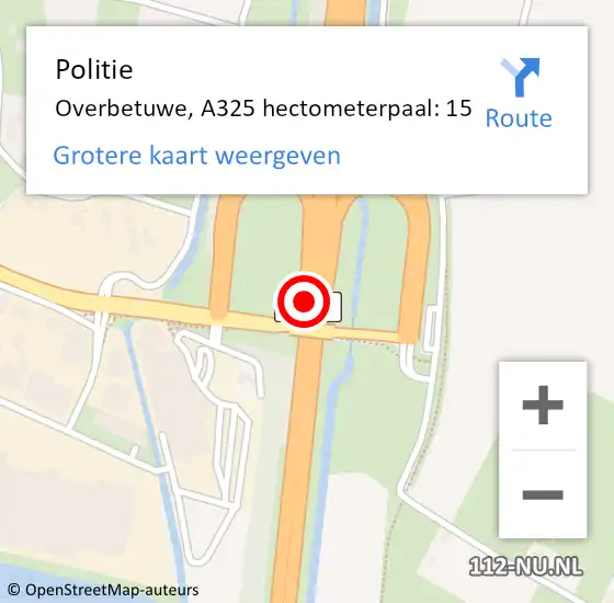 Locatie op kaart van de 112 melding: Politie Overbetuwe, A325 hectometerpaal: 15 op 20 juli 2022 03:06