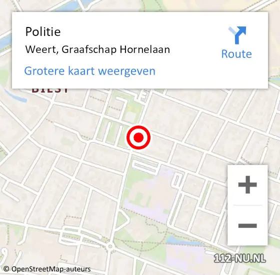 Locatie op kaart van de 112 melding: Politie Weert, Graafschap Hornelaan op 20 juli 2022 09:11