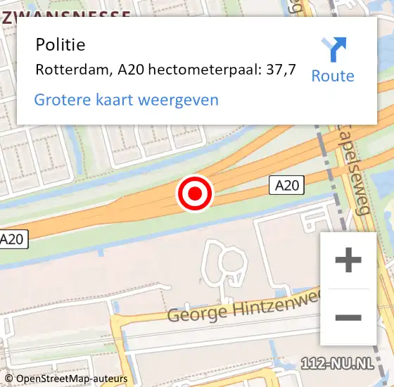 Locatie op kaart van de 112 melding: Politie Rotterdam, A20 hectometerpaal: 37,7 op 20 juli 2022 10:30