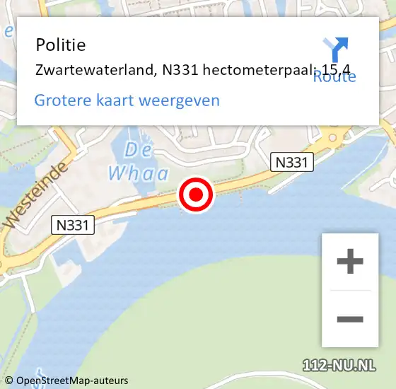 Locatie op kaart van de 112 melding: Politie Zwartewaterland, N331 hectometerpaal: 15,4 op 20 juli 2022 10:52