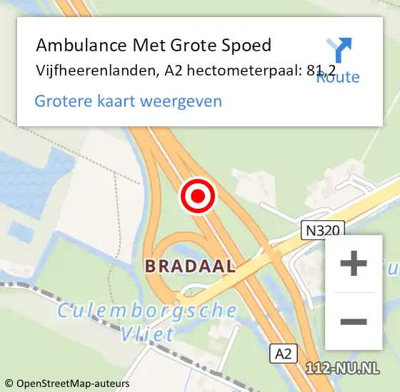 Locatie op kaart van de 112 melding: Ambulance Met Grote Spoed Naar Vijfheerenlanden, A2 hectometerpaal: 81,2 op 20 juli 2022 11:57