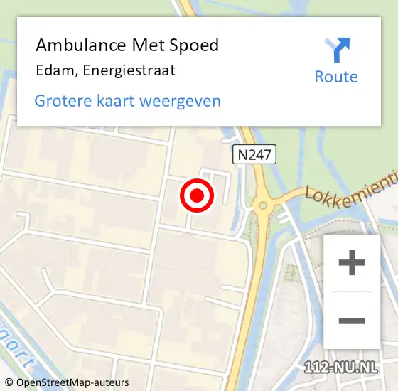 Locatie op kaart van de 112 melding: Ambulance Met Spoed Naar Edam, Energiestraat op 20 juli 2022 12:36