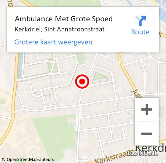 Locatie op kaart van de 112 melding: Ambulance Met Grote Spoed Naar Kerkdriel, Sint Annatroonstraat op 20 juli 2022 13:13
