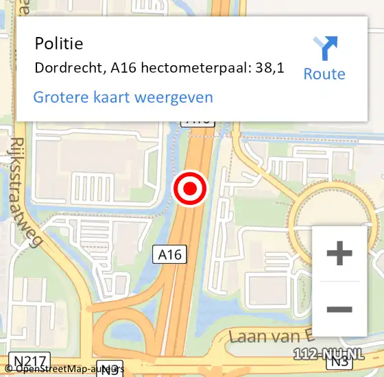Locatie op kaart van de 112 melding: Politie Dordrecht, A16 hectometerpaal: 38,1 op 20 juli 2022 13:25