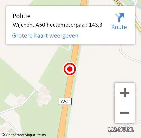 Locatie op kaart van de 112 melding: Politie Wijchen, A50 hectometerpaal: 143,3 op 20 juli 2022 13:45