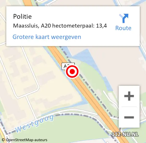 Locatie op kaart van de 112 melding: Politie Maassluis, A20 hectometerpaal: 13,4 op 20 juli 2022 14:07