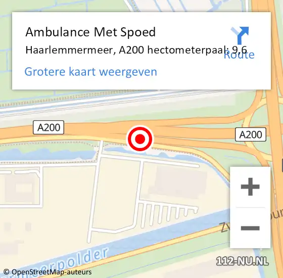 Locatie op kaart van de 112 melding: Ambulance Met Spoed Naar Haarlemmermeer, A200 hectometerpaal: 9,6 op 20 juli 2022 15:49