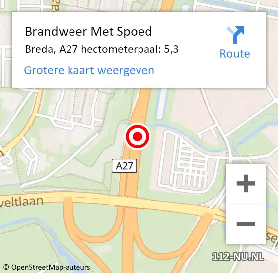 Locatie op kaart van de 112 melding: Brandweer Met Spoed Naar Breda, A27 hectometerpaal: 5,3 op 20 juli 2022 17:56