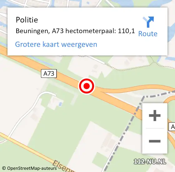 Locatie op kaart van de 112 melding: Politie Beuningen, A73 hectometerpaal: 110,1 op 20 juli 2022 20:11