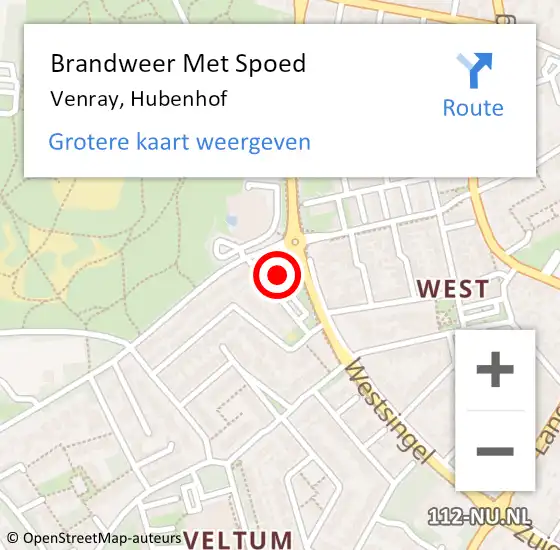 Locatie op kaart van de 112 melding: Brandweer Met Spoed Naar Venray, Hubenhof op 20 juli 2022 21:45