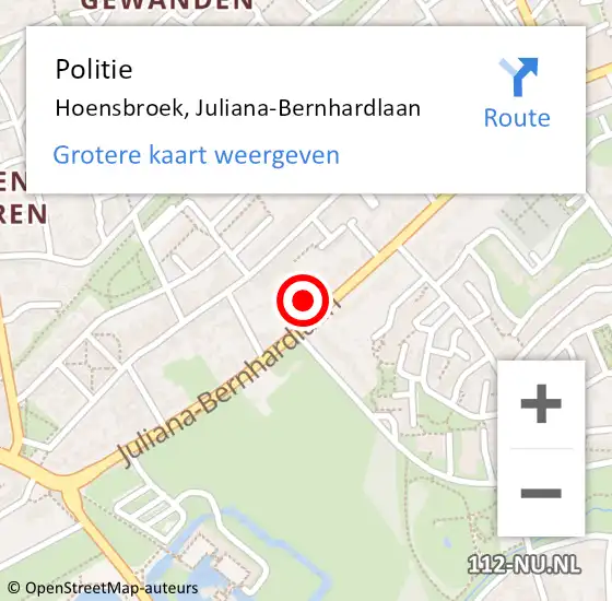 Locatie op kaart van de 112 melding: Politie Hoensbroek, Juliana-Bernhardlaan op 20 juli 2022 22:39