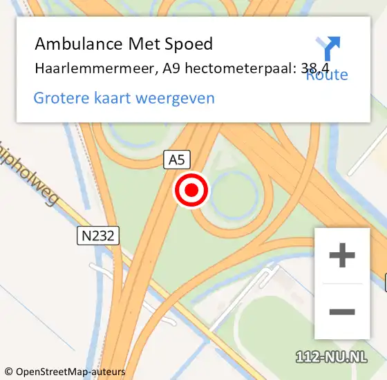 Locatie op kaart van de 112 melding: Ambulance Met Spoed Naar Haarlemmermeer, A9 hectometerpaal: 38,4 op 21 juli 2022 01:27