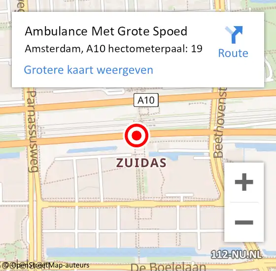 Locatie op kaart van de 112 melding: Ambulance Met Grote Spoed Naar Amsterdam, A10 hectometerpaal: 19 op 21 juli 2022 01:57