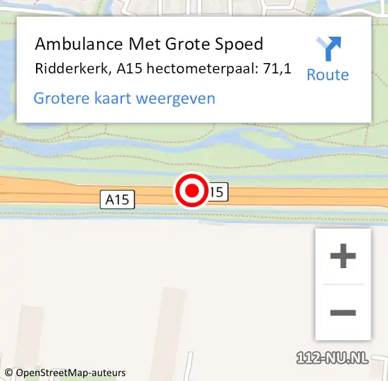 Locatie op kaart van de 112 melding: Ambulance Met Grote Spoed Naar Ridderkerk, A15 hectometerpaal: 71,1 op 21 juli 2022 05:44