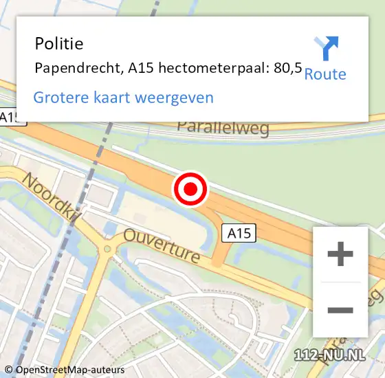 Locatie op kaart van de 112 melding: Politie Papendrecht, A15 hectometerpaal: 80,5 op 21 juli 2022 09:11