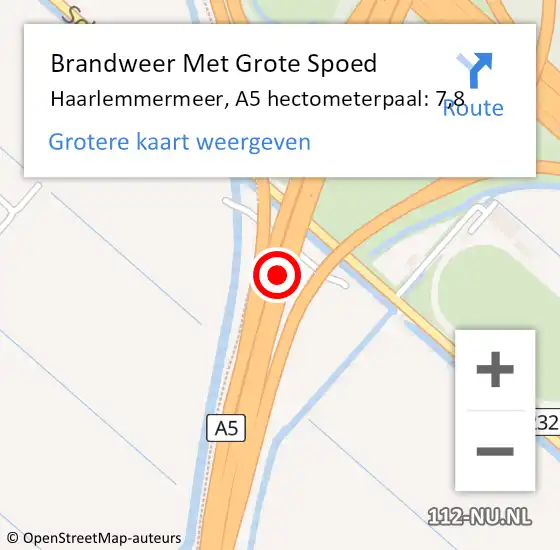 Locatie op kaart van de 112 melding: Brandweer Met Grote Spoed Naar Haarlemmermeer, A5 hectometerpaal: 7,8 op 21 juli 2022 10:51