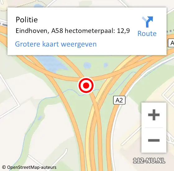 Locatie op kaart van de 112 melding: Politie Eindhoven, A58 hectometerpaal: 12,9 op 21 juli 2022 11:59