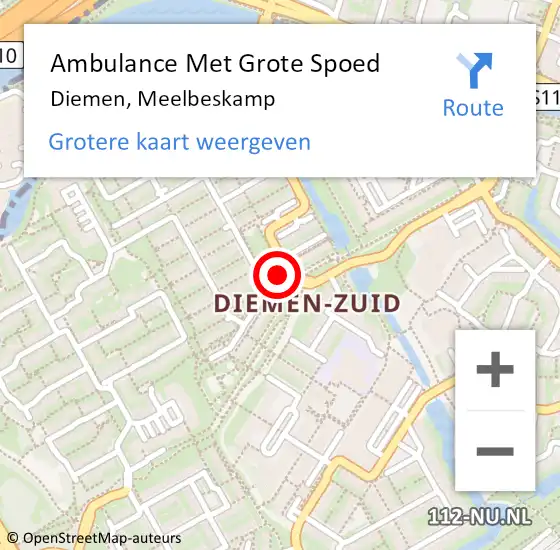 Locatie op kaart van de 112 melding: Ambulance Met Grote Spoed Naar Diemen, Meelbeskamp op 21 juli 2022 12:01