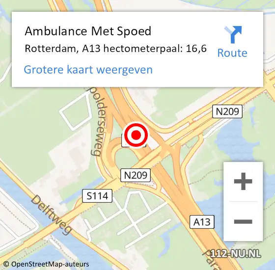 Locatie op kaart van de 112 melding: Ambulance Met Spoed Naar Rotterdam, A13 hectometerpaal: 16,6 op 21 juli 2022 12:11