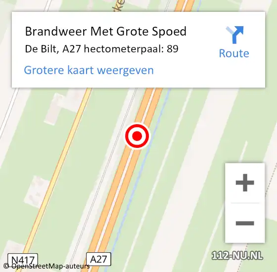 Locatie op kaart van de 112 melding: Brandweer Met Grote Spoed Naar De Bilt, A27 hectometerpaal: 89 op 21 juli 2022 13:08