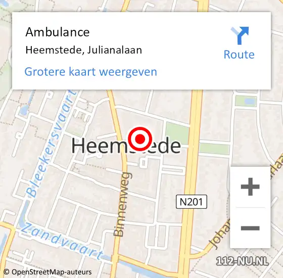 Locatie op kaart van de 112 melding: Ambulance Heemstede, Julianalaan op 21 juli 2022 13:16