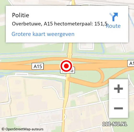 Locatie op kaart van de 112 melding: Politie Overbetuwe, A15 hectometerpaal: 151,5 op 21 juli 2022 13:28