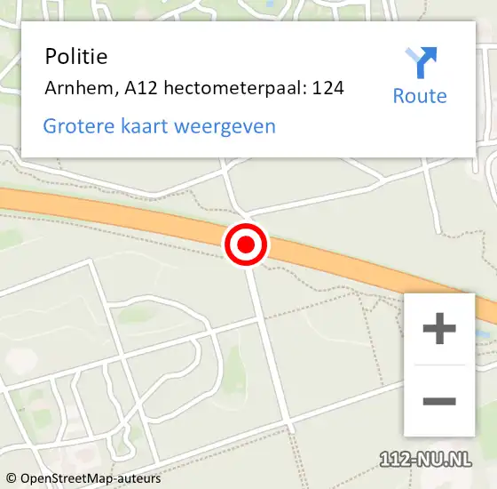 Locatie op kaart van de 112 melding: Politie Arnhem, A12 hectometerpaal: 124 op 21 juli 2022 14:57