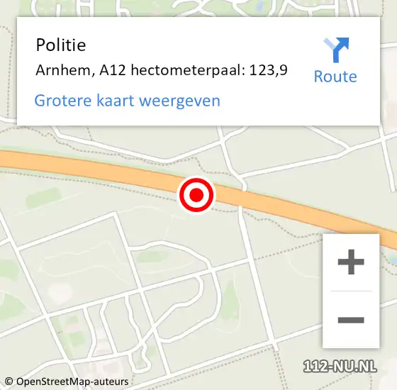Locatie op kaart van de 112 melding: Politie Arnhem, A12 hectometerpaal: 123,9 op 21 juli 2022 14:57
