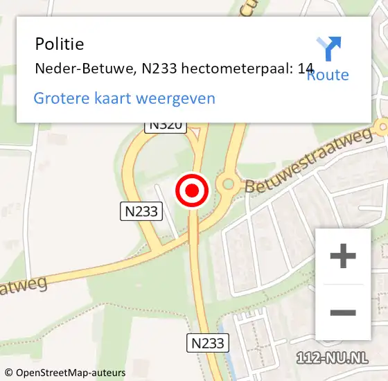Locatie op kaart van de 112 melding: Politie Neder-Betuwe, N233 hectometerpaal: 14 op 21 juli 2022 15:49