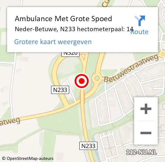 Locatie op kaart van de 112 melding: Ambulance Met Grote Spoed Naar Neder-Betuwe, N233 hectometerpaal: 14 op 21 juli 2022 15:50