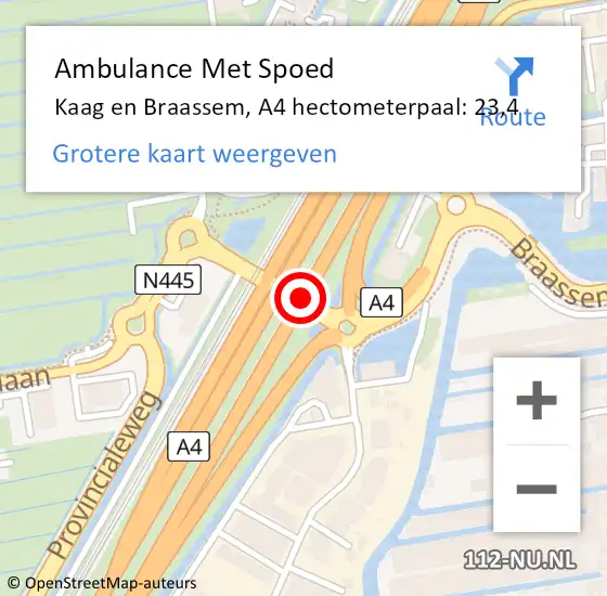 Locatie op kaart van de 112 melding: Ambulance Met Spoed Naar Kaag en Braassem, A4 hectometerpaal: 23,4 op 21 juli 2022 16:00