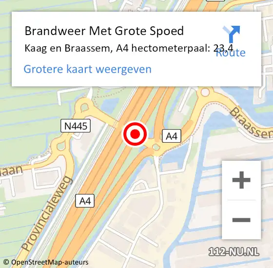 Locatie op kaart van de 112 melding: Brandweer Met Grote Spoed Naar Kaag en Braassem, A4 hectometerpaal: 23,4 op 21 juli 2022 16:09