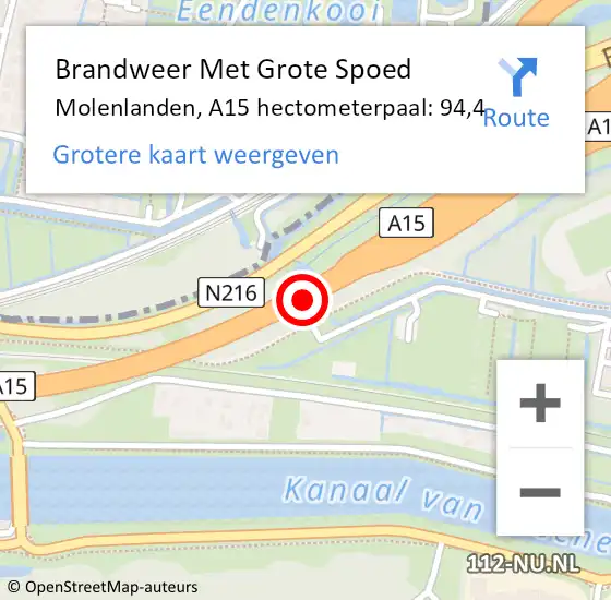 Locatie op kaart van de 112 melding: Brandweer Met Grote Spoed Naar Molenlanden, A15 hectometerpaal: 94,4 op 21 juli 2022 16:22