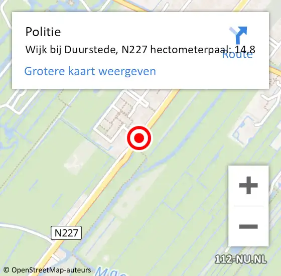 Locatie op kaart van de 112 melding: Politie Wijk bij Duurstede, N227 hectometerpaal: 14,8 op 21 juli 2022 16:46