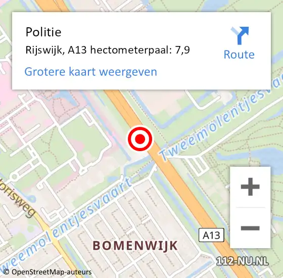 Locatie op kaart van de 112 melding: Politie Rijswijk, A13 hectometerpaal: 7,9 op 21 juli 2022 17:47