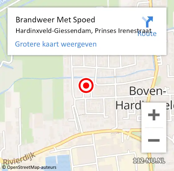 Locatie op kaart van de 112 melding: Brandweer Met Spoed Naar Hardinxveld-Giessendam, Prinses Irenestraat op 21 juli 2022 19:21