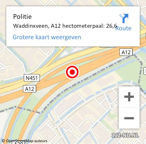 Locatie op kaart van de 112 melding: Politie Waddinxveen, A12 hectometerpaal: 26,6 op 21 juli 2022 19:47