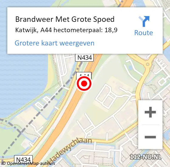 Locatie op kaart van de 112 melding: Brandweer Met Grote Spoed Naar Katwijk, A44 hectometerpaal: 18,9 op 21 juli 2022 19:56