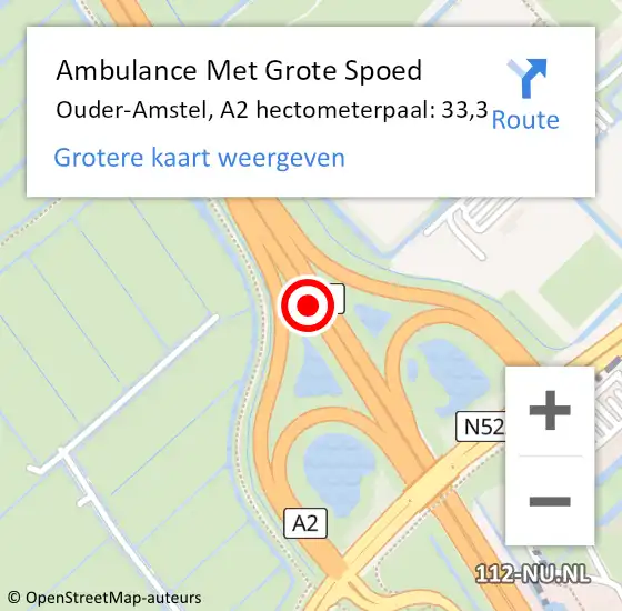 Locatie op kaart van de 112 melding: Ambulance Met Grote Spoed Naar Ouder-Amstel, A2 hectometerpaal: 33,3 op 21 juli 2022 20:34