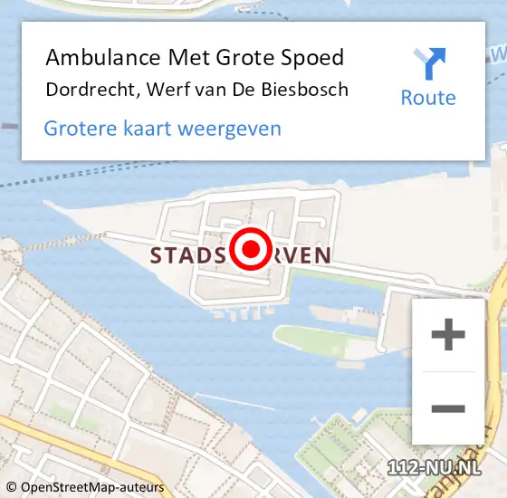 Locatie op kaart van de 112 melding: Ambulance Met Grote Spoed Naar Dordrecht, Werf van De Biesbosch op 21 juli 2022 22:39