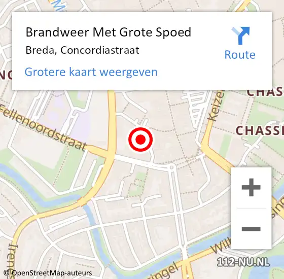 Locatie op kaart van de 112 melding: Brandweer Met Grote Spoed Naar Breda, Concordiastraat op 22 juli 2022 05:36