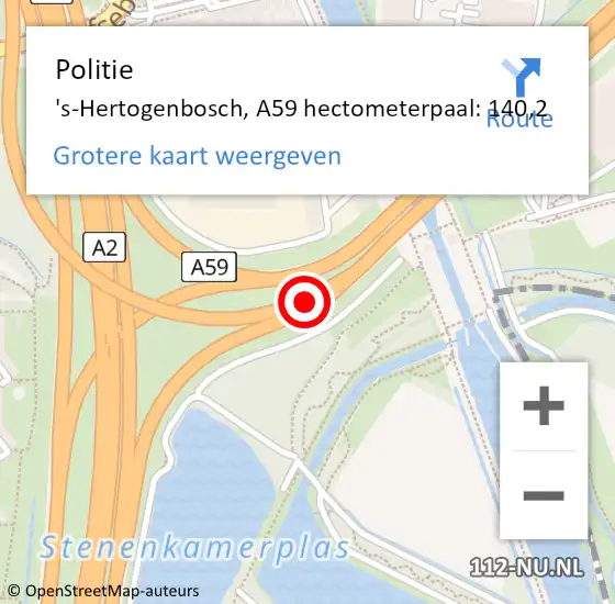 Locatie op kaart van de 112 melding: Politie 's-Hertogenbosch, A59 hectometerpaal: 140,2 op 22 juli 2022 10:00