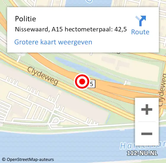 Locatie op kaart van de 112 melding: Politie Nissewaard, A15 hectometerpaal: 42,5 op 22 juli 2022 12:02