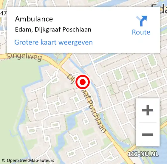 Locatie op kaart van de 112 melding: Ambulance Edam, Dijkgraaf Poschlaan op 22 juli 2022 13:27