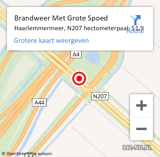 Locatie op kaart van de 112 melding: Brandweer Met Grote Spoed Naar Haarlemmermeer, N207 hectometerpaal: 51,9 op 22 juli 2022 13:28