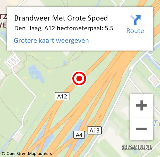Locatie op kaart van de 112 melding: Brandweer Met Grote Spoed Naar Den Haag, A12 hectometerpaal: 5,5 op 22 juli 2022 15:03